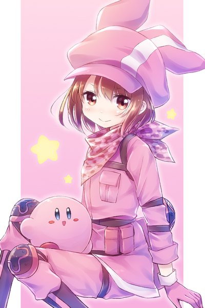 Anime picture 1280x1920 with sword art online sword art online alternative: gun gale online kirby (series) a-1 pictures kirby llenn (sao) nyaa (nnekoron) tall image looking at viewer short hair simple background smile brown hair sitting brown eyes pink background crossover pillarboxed girl gloves