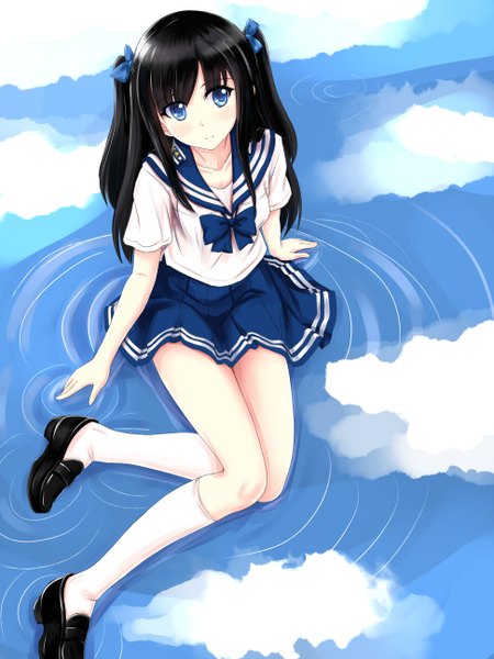 Anime picture 1944x2592 with original allenes single long hair tall image looking at viewer blush highres blue eyes black hair signed sky cloud (clouds) girl uniform bow hair bow school uniform socks white socks