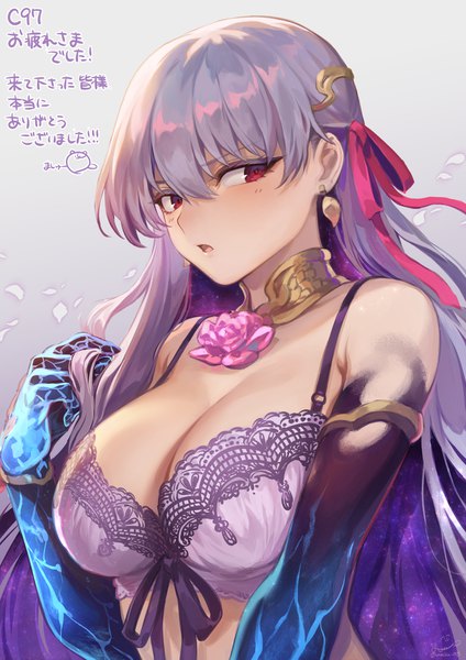 Anime picture 1302x1842 with fate (series) fate/grand order kama (fate) mashuu (neko no oyashiro) single long hair tall image looking at viewer blush fringe breasts open mouth light erotic hair between eyes red eyes large breasts bare shoulders cleavage purple hair upper body