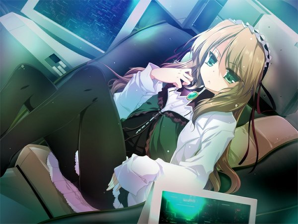 Anime picture 1024x768 with baldr sky divex long hair blonde hair green eyes game cg girl