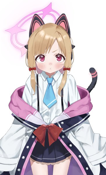 Anime picture 2570x4226 with blue archive momoi (blue archive) shin ilst single long hair tall image looking at viewer blush highres simple background blonde hair standing white background animal ears tail animal tail pink eyes multicolored hair streaked hair puffy cheeks