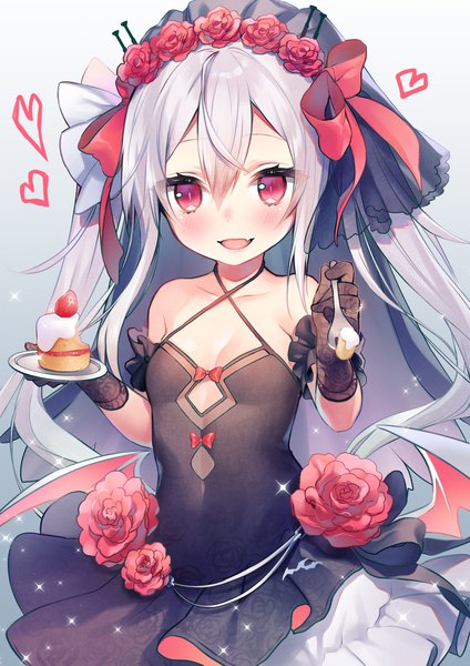 Anime picture 1500x2121 with azur lane vampire (azur lane) vampire (eloi's blessing) (azur lane) shirako sei single long hair tall image looking at viewer blush fringe open mouth hair between eyes holding payot cleavage silver hair :d pink eyes sparkle sleeveless
