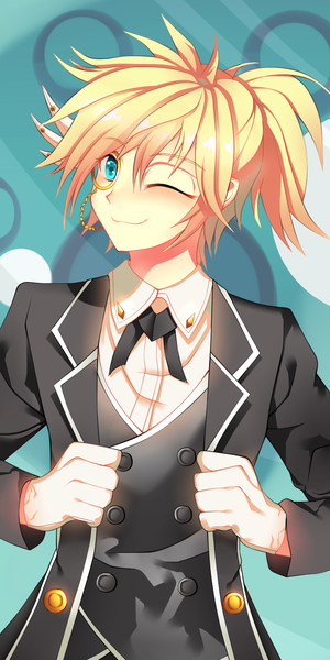 Anime picture 800x1600 with elsword chung (elsword) bandwidth single tall image fringe short hair blonde hair smile hair between eyes upper body ponytail one eye closed aqua eyes wink alternate costume spiked hair adjusting clothes butler boy