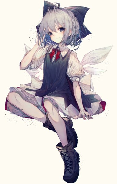 Anime picture 3294x5154 with touhou cirno hito komoru single tall image looking at viewer fringe highres short hair simple background hair between eyes white background absurdres full body ahoge grey hair grey eyes puffy sleeves lacing girl