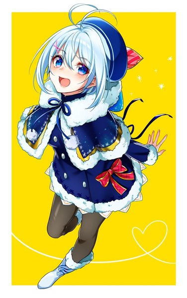 Anime picture 700x1116 with virtual youtuber .live dennou shoujo siro yodare (3yami8) single tall image looking at viewer blush fringe short hair open mouth blue eyes hair between eyes blue hair full body :d from above border yellow background heart of string