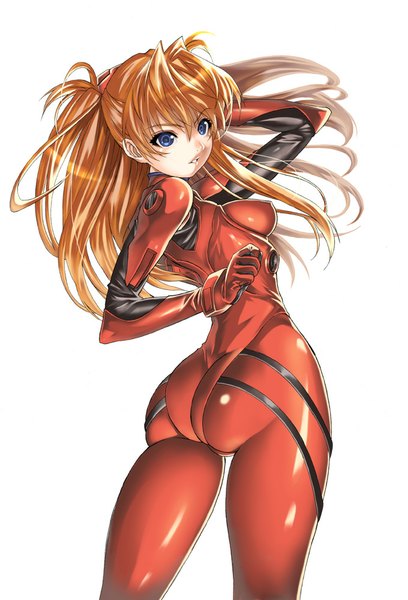 Anime picture 680x1000 with neon genesis evangelion gainax soryu asuka langley saburou (hgmg) single long hair tall image breasts open mouth blue eyes light erotic simple background white background ass looking back orange hair hand on head curvy girl bodysuit