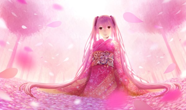 Anime picture 2800x1653 with vocaloid hatsune miku sakura miku bounin single long hair highres red eyes wide image twintails pink hair japanese clothes field girl flower (flowers) plant (plants) petals tree (trees) yukata