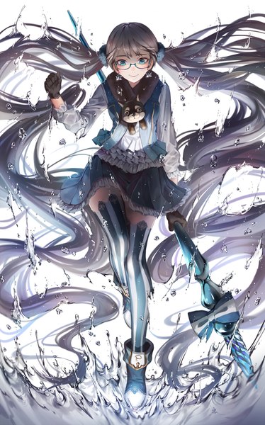 Anime picture 700x1122 with original ryota (ry o ta) single tall image looking at viewer blush blue eyes twintails very long hair grey hair girl thighhighs dress weapon glasses striped thighhighs spear