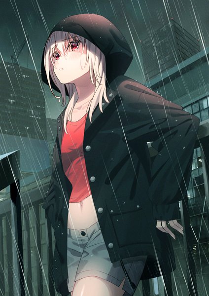 Anime picture 1767x2500 with original koh rd single long hair tall image fringe highres hair between eyes red eyes standing looking away outdoors white hair long sleeves parted lips open jacket midriff sleeves past wrists rain crying