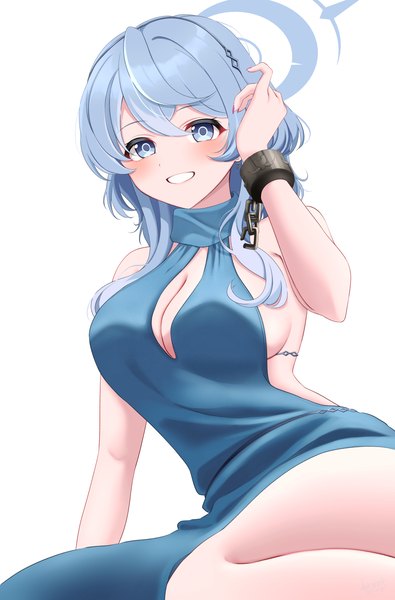 Anime picture 1457x2215 with blue archive ako (blue archive) ako (dress) (blue archive) yoshiki 3821 single long hair tall image looking at viewer fringe breasts blue eyes light erotic simple background smile hair between eyes large breasts white background sitting blue hair grin