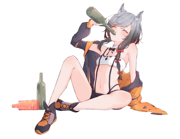 Anime picture 3300x2550 with virtual youtuber indie virtual youtuber hizuki hino airenif single long hair blush highres light erotic simple background white background sitting bare shoulders animal ears absurdres full body bent knee (knees) eyes closed arm up grey hair