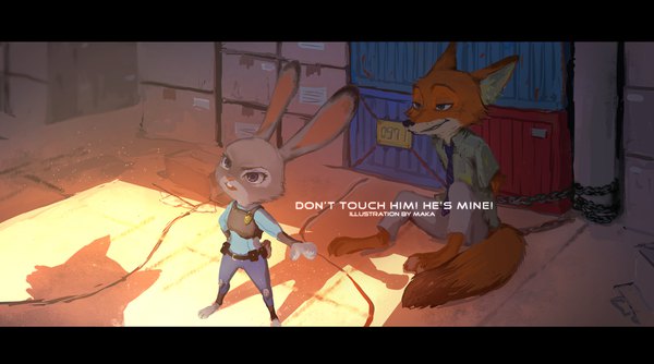 Anime picture 2154x1200 with zootopia disney judy hopps nick wilde andref kanzaki highres open mouth smile wide image standing sitting purple eyes green eyes looking away shadow couple hand on hip outstretched arm letterboxed bondage
