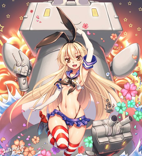 Anime picture 768x840 with kantai collection shimakaze destroyer rensouhou-chan ecell (artist) single long hair tall image looking at viewer open mouth light erotic blonde hair smile yellow eyes armpit (armpits) girl thighhighs skirt gloves navel underwear