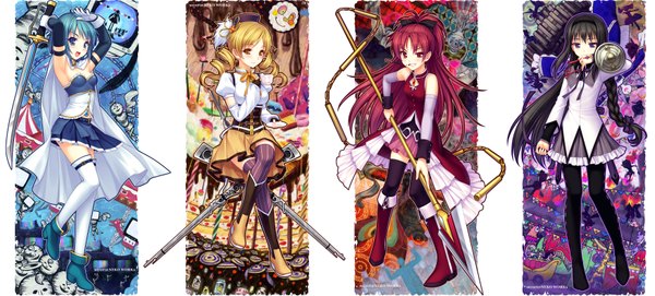 Anime picture 3500x1585 with mahou shoujo madoka magica shaft (studio) akemi homura sakura kyouko miki sayaka tomoe mami sayori long hair highres short hair blue eyes black hair blonde hair red eyes wide image purple eyes multiple girls yellow eyes blue hair absurdres