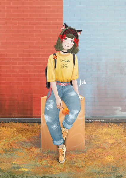 Anime picture 1191x1684 with original hana (jubi) jubi (regiana) single tall image looking at viewer fringe short hair smile brown hair sitting holding brown eyes signed animal ears full body blunt bangs cat ears brick wall blush stickers