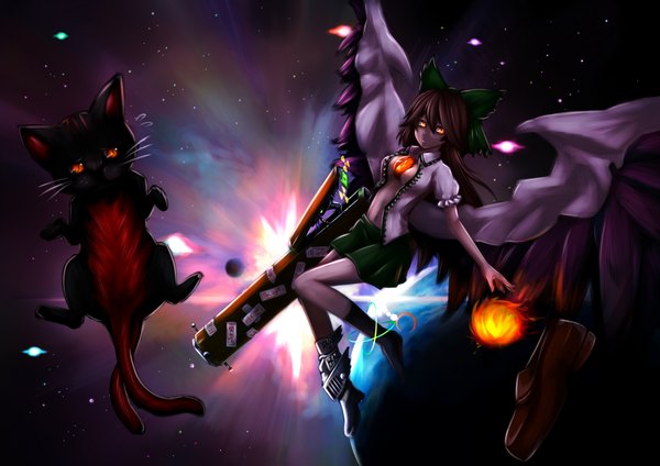 Anime picture 2124x1504 with touhou reiuji utsuho kaenbyou rin emerane long hair highres black hair yellow eyes weightlessness arm cannon girl bow weapon hair bow animal wings cat huge weapon