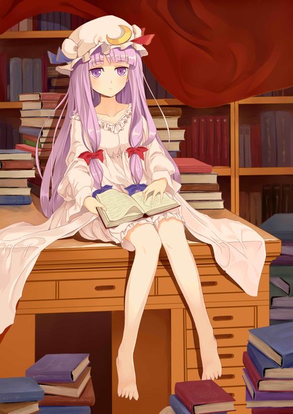 Anime picture 2952x4169 with touhou patchouli knowledge riko (ccllnnhh) single long hair tall image highres sitting purple eyes absurdres purple hair barefoot girl book (books) bonnet