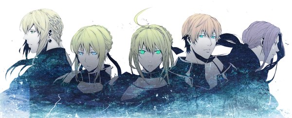 Anime picture 1500x609 with fate (series) fate/stay night fate/zero fate/extra studio deen type-moon artoria pendragon (all) saber mordred (fate) berserker (fate/zero) gawain (fate) bedivere (fate) pizaya long hair short hair blue eyes simple background blonde hair wide image white background