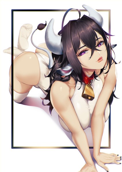 Anime picture 1000x1415 with original blueorca single long hair tall image looking at viewer fringe breasts light erotic black hair simple background hair between eyes white background purple eyes animal ears payot ahoge ass tail nail polish