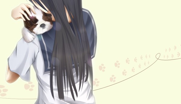 Anime picture 1200x692 with original karube karu long hair black hair wide image hug back girl serafuku dog