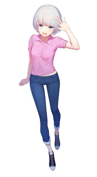 Anime picture 1240x2254 with daye bie qia lian single tall image looking at viewer short hair open mouth simple background white background silver hair full body aqua eyes from above walking girl hair ornament shoes t-shirt sneakers jeans blue jeans