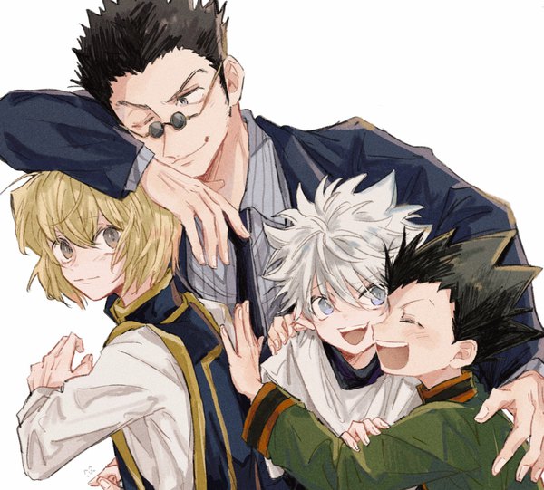 Anime picture 1870x1685 with hunter x hunter killua zaoldyeck kurapica gon freaks leorio paladiknight necomu looking at viewer fringe highres short hair open mouth blue eyes black hair simple background blonde hair hair between eyes white background brown eyes silver hair eyes closed