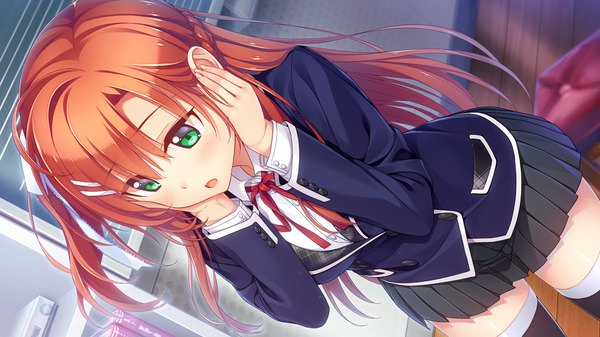 Anime picture 1280x720 with omokage ichinose minato single long hair blush open mouth wide image green eyes game cg red hair pleated skirt girl thighhighs skirt uniform black thighhighs school uniform miniskirt hairclip