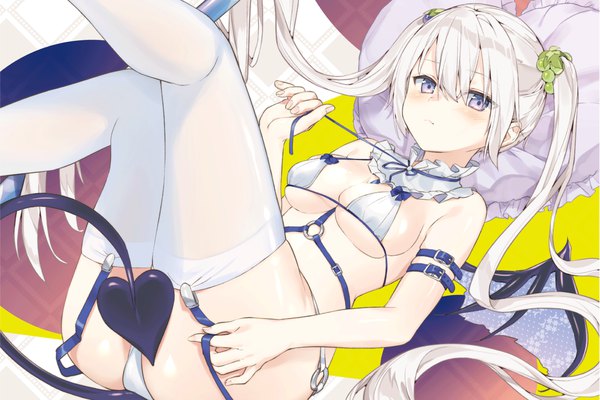 Anime picture 1800x1200 with original cona kinaco single long hair looking at viewer blush fringe highres breasts light erotic hair between eyes purple eyes twintails bare shoulders holding payot bent knee (knees) white hair tail lying