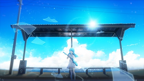 Anime picture 2560x1440 with original y y (ysk ygc) single long hair highres open mouth smile wide image standing looking away sky cloud (clouds) outdoors aqua eyes wind aqua hair bare legs depth of field wallpaper transparent