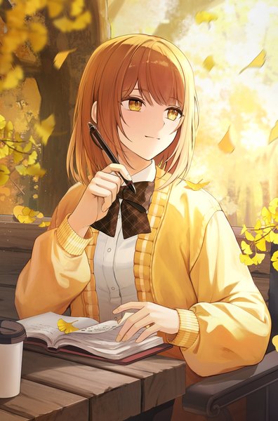 Anime picture 1200x1820 with original plus1024 single tall image fringe short hair brown hair sitting holding yellow eyes looking away upper body outdoors blunt bangs long sleeves arm up light smile turning head autumn girl