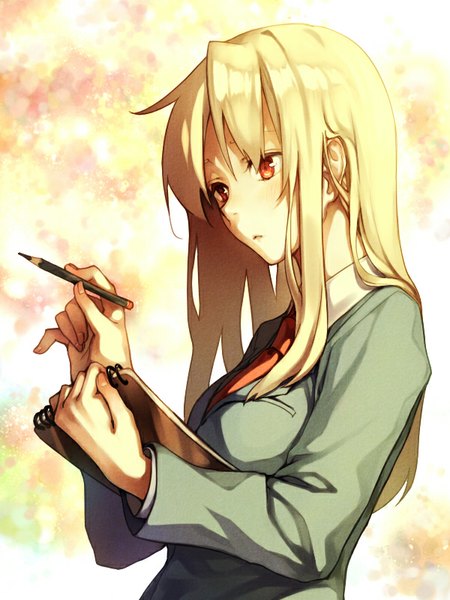 Anime picture 600x800 with sakura-sou no pet na kanojo j.c. staff shiina mashiro sx (shouhou02) single long hair tall image blush blonde hair red eyes looking away girl necktie jacket pencil sketchbook