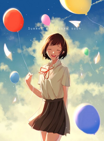 Anime picture 810x1100 with original konomi (kumagai20) single tall image fringe short hair open mouth brown hair sky cloud (clouds) eyes closed wind tears text english ^ ^ arm behind back ^o^ girl uniform