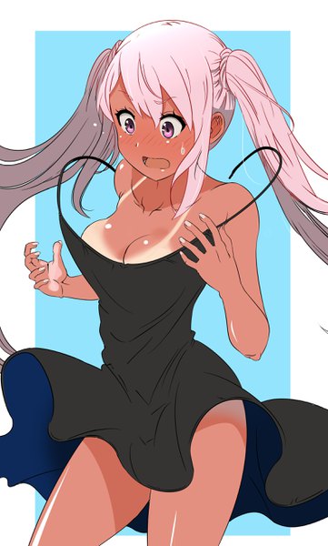 Anime picture 1588x2636 with original okuba single long hair tall image blush fringe breasts open mouth light erotic simple background hair between eyes standing twintails bare shoulders payot looking away pink hair cleavage nail polish