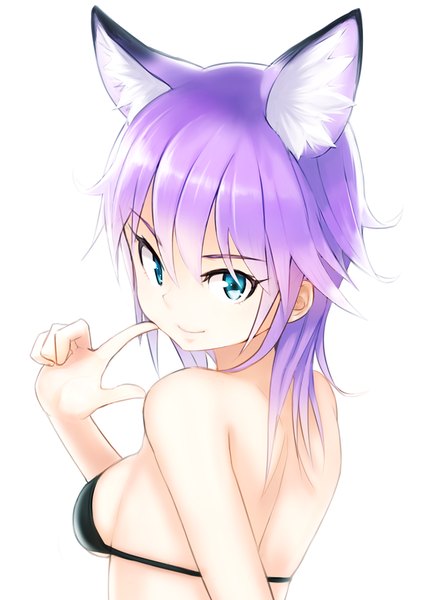 Anime picture 800x1131 with original nosuku single long hair tall image looking at viewer fringe breasts light erotic simple background smile white background bare shoulders animal ears purple hair looking back aqua eyes from behind fox ears back