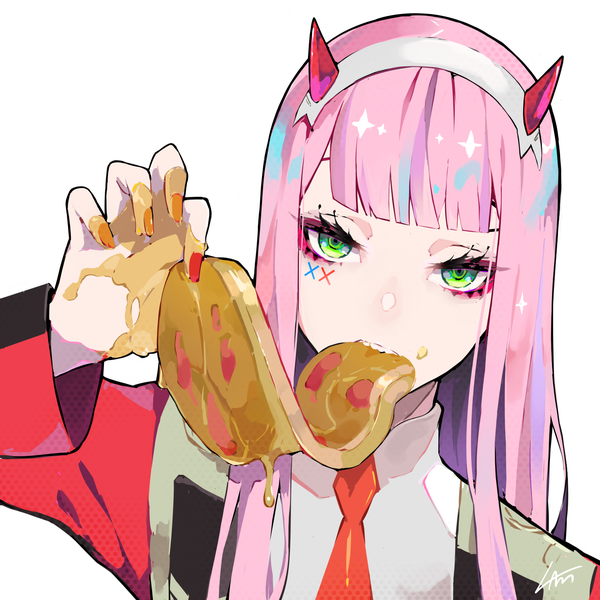 Anime picture 1500x1500 with darling in the franxx studio trigger zero two (darling in the franxx) lam (ramdayo) single long hair looking at viewer fringe simple background white background holding green eyes signed pink hair upper body blunt bangs nail polish horn (horns) fingernails facial mark