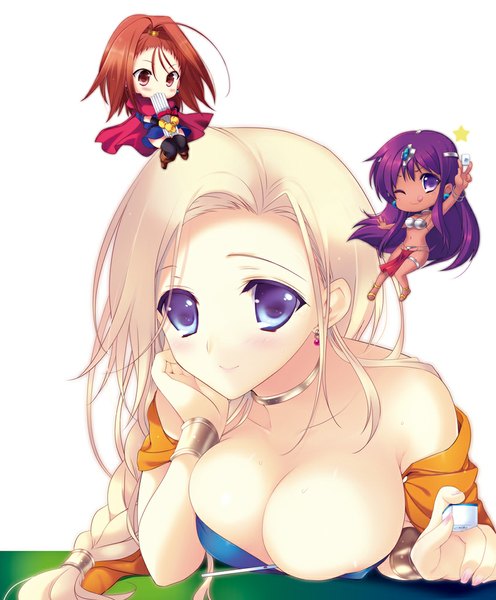 Anime picture 827x1000 with dragon quest dragon quest vi dragon quest v dragon quest iv bianca (dq5) manya (dq4) barbara (dq6) kumatora tatsumi long hair tall image looking at viewer blush breasts blue eyes light erotic blonde hair brown hair multiple girls purple hair one eye closed
