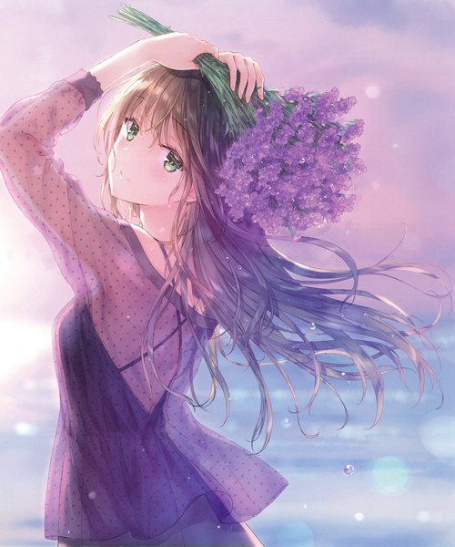 Anime picture 4215x5059 with original hiten (hitenkei) single long hair tall image looking at viewer blush fringe highres hair between eyes brown hair holding green eyes absurdres upper body looking back wind scan polka dot girl