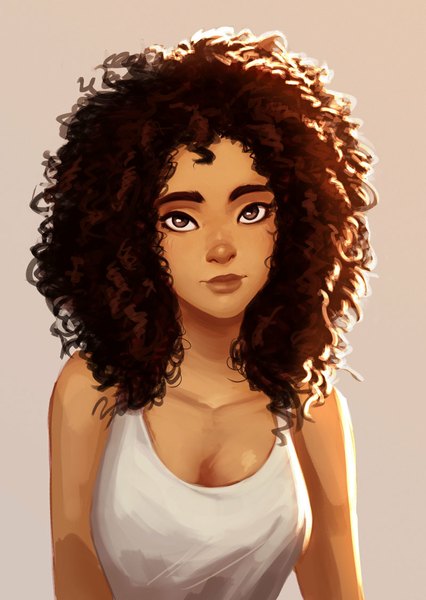 Anime picture 800x1127 with carlos eduardo single long hair tall image looking at viewer simple background brown hair bare shoulders brown eyes brown background curly hair girl