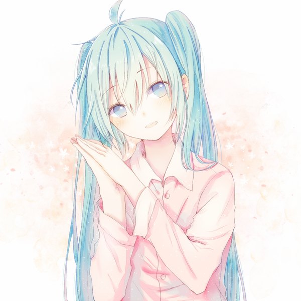 Anime picture 900x900 with vocaloid hatsune miku yuu mo single long hair looking at viewer blush fringe open mouth blue eyes smile hair between eyes twintails payot upper body ahoge long sleeves head tilt aqua hair hands clasped