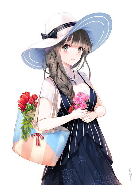 Anime picture 700x961 with original emyo single long hair tall image looking at viewer blush fringe simple background brown hair white background brown eyes upper body braid (braids) light smile single braid casual girl flower (flowers) hat