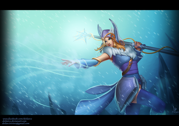 Anime picture 4961x3508 with dota 2 (game) rylai crestfall (dota 2) deilan12 (artist) single long hair highres blue eyes blonde hair looking away absurdres outstretched arm magic girl thighhighs detached sleeves headdress staff winter clothes