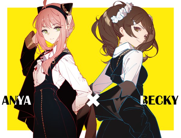 Anime-Bild 1700x1293 mit spy x family anya (spy x family) becky blackbell teo1984 long hair simple background smile brown hair twintails multiple girls brown eyes green eyes pink hair ahoge character names border outside border yellow background alternate age older