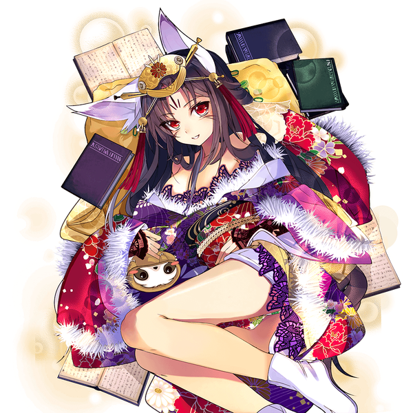 Anime picture 1024x1024 with uchi no hime-sama ga ichiban kawaii tamamo (uchi no hime-sama ga ichiban kawaii) shirokitsune single long hair looking at viewer blush black hair smile red eyes bare shoulders holding animal ears bent knee (knees) lying long sleeves traditional clothes head tilt from above wide sleeves