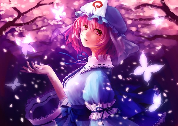 Anime picture 1692x1200 with touhou saigyouji yuyuko nora (le-chat-noir) single short hair red eyes pink hair looking back girl petals frills insect butterfly bonnet