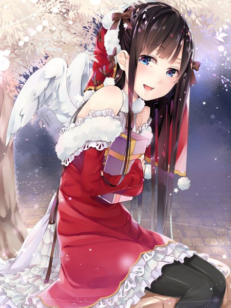Anime picture 1200x1600 with original ao no neko single long hair tall image looking at viewer blush open mouth blue eyes black hair smile fur trim happy christmas bare back angel wings white wings girl dress ribbon (ribbons)