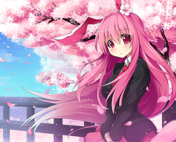 Anime picture 1400x1130 with touhou reisen udongein inaba ken123456 single long hair looking at viewer blush breasts large breasts animal ears pink hair sky pink eyes hair flower wind bunny ears cherry blossoms frown :c girl