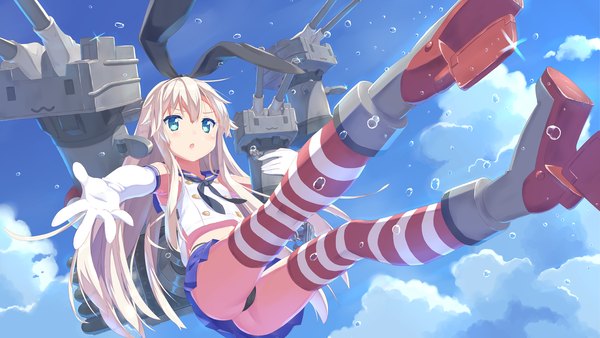 Anime picture 1920x1080 with kantai collection shimakaze destroyer rensouhou-chan changaa single long hair fringe highres blue eyes light erotic blonde hair hair between eyes wide image sky cloud (clouds) full body girl thighhighs skirt gloves