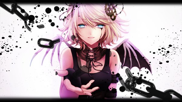 Anime-Bild 3200x1800 mit vocaloid kagamine rin lalune single looking at viewer fringe highres short hair open mouth blue eyes simple background smile wide image standing white background bare shoulders sleeveless lacing outstretched hand demon wings