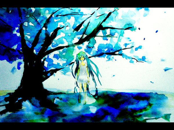 Anime picture 2000x1500 with vocaloid hatsune miku highres blue eyes twintails blue hair painting girl plant (plants) tree (trees)