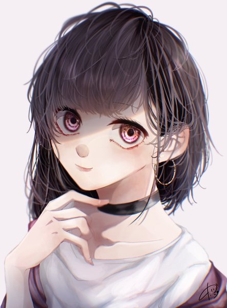 Anime picture 757x1024 with original taira single long hair tall image looking at viewer fringe black hair simple background signed blunt bangs pink eyes arm up light smile off shoulder grey background portrait shaded face girl earrings